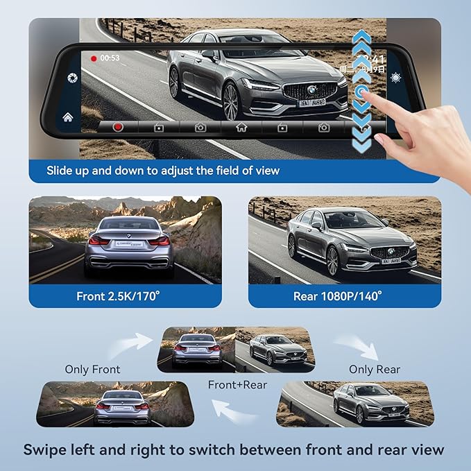 4K Mirror Dash Cam with Carplay&Android Auto,10" Rear View Mirror Camera for Cars/Trucks with Voice Control/Real 64GB Card/Touch Screen/Parking Monitor/Reverse Assist/Dual Loop Record/WDR Tech