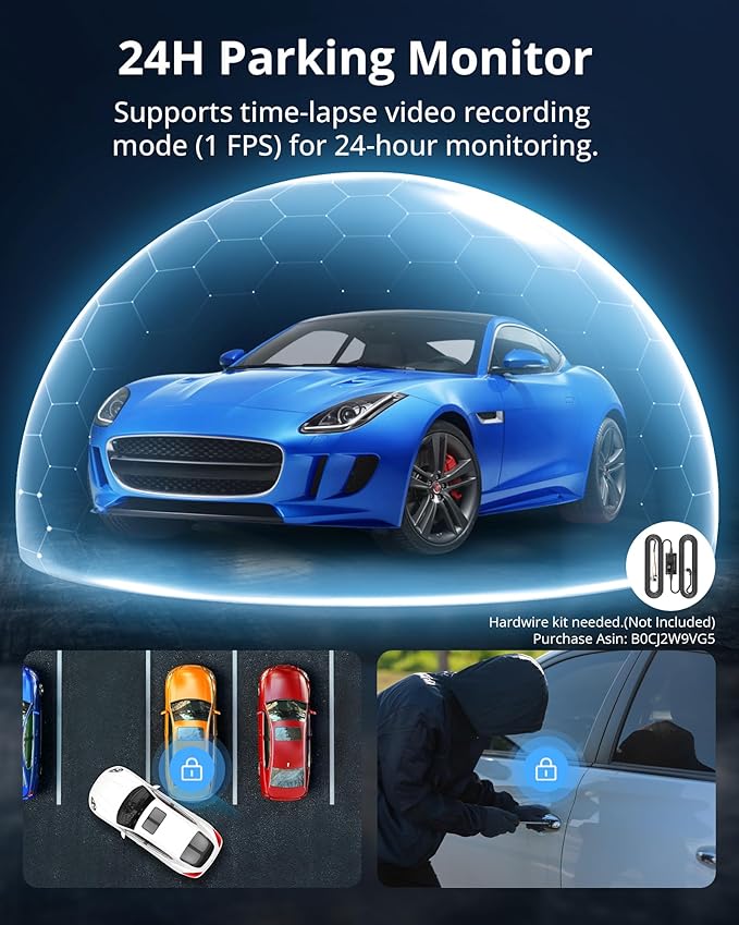 Kingslim 4K Dash Cam Front and Rear, Front 4K Rear 1080P Dual Dash Camera for Cars, Mini Dashcam with 64GB Card, APP Control, Night Vision, G-Sensor, Loop Recording, Parking Mode