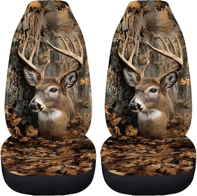 Car Seat Covers Front Seats Only Easy Installation Auto Interior Accessories 2 Pcs Set, Camo Hunting Deer Car Seat Covers Protector Suitable for Cars, SUV and Trucks, Easy to Install