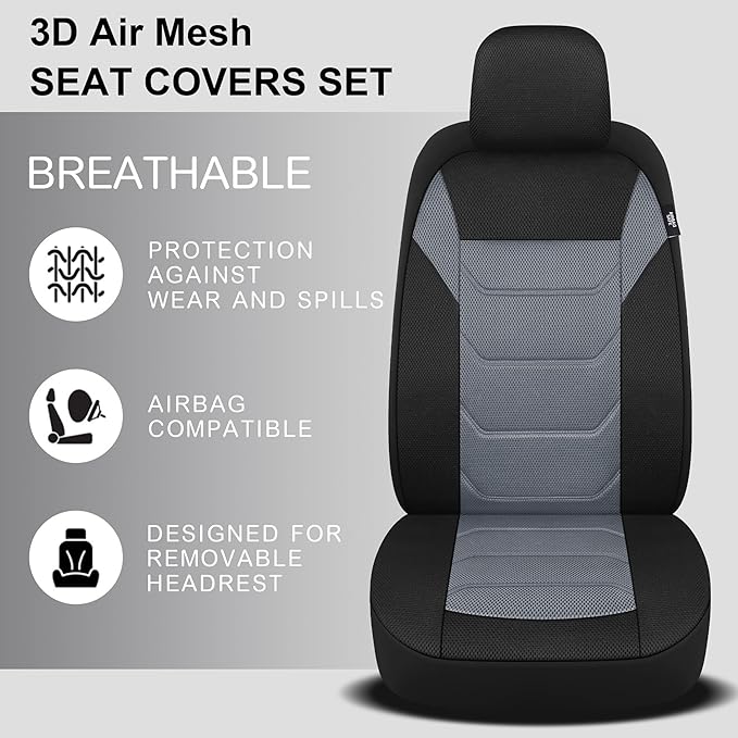 3D Air Mesh Car Seat Cover Full Sets Washable and Breathable Premium Cloth Automotive Vehicle Seat Covers for Cars Interior, Universal Fit for Most Cars, Sedan, Truck, SUV(Black/Gray)