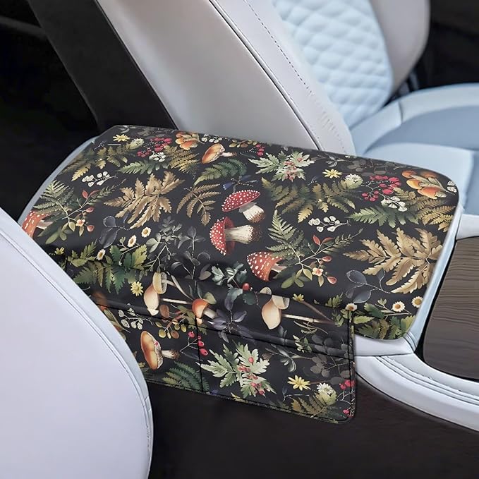 Dreaweet Car Center Console Cover Mushroom Car Arm Rest Cover Pad with Pockets Cute Car Accessories for Women Soft Comfy Thick Armrest Cover for Car SUV Sedan Truck