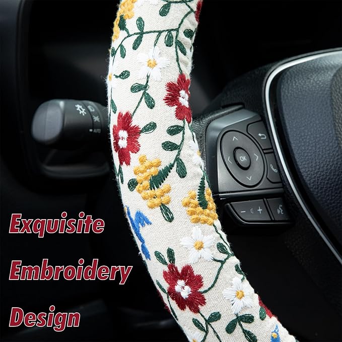 Embroidered Red Flower and Cute Daisy Steering Wheel Cover Auto Anti-Slip Breathable Rubber Steering Wheel Protector,Floral Car Accessories for Women,Universal Size Fit Most Cars -15 inch