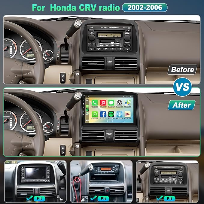 4G+64G Car Radio for Honda CRV 2002 2003 2004 2005 2006, Support Wireless Carplay&Android Auto, Bluetooth/Voice Control/GPS/WiFi/Back-up Camera/SWC/FM, 9 Inch IPS Touch Screen for Honda CRV