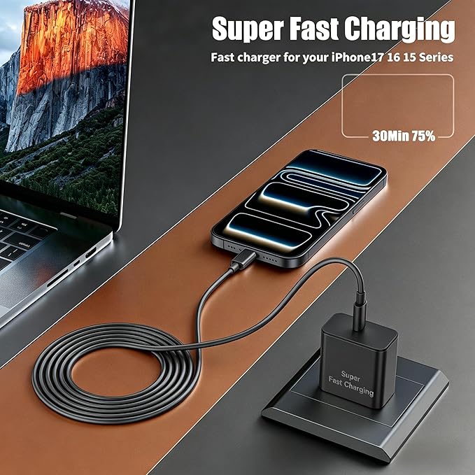iPhone 17 16 Pro Max Charger Fast Charging, Super Fast USB C Chargers for iPhone 17 (6FT+6FT+10FT) Type C Chargers Cord with Fast Charger Block for iPhone 17/16/15 Series/iPad/ GalaxyS26/S25 Black