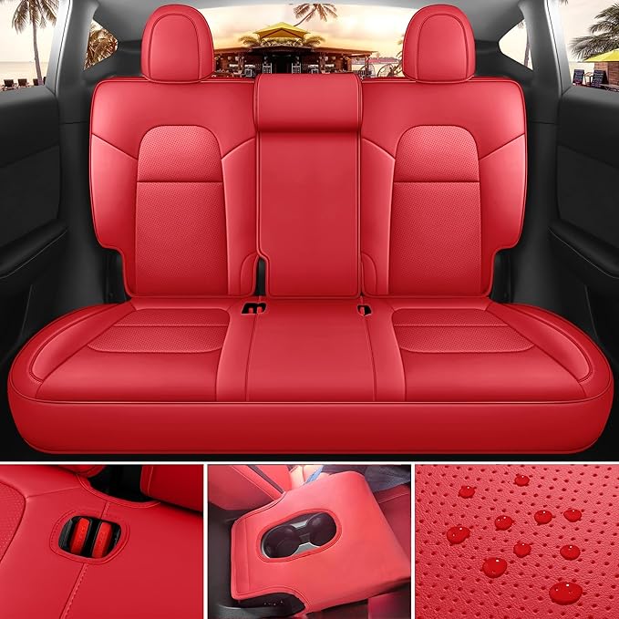 for Tesla Model Y Seat Covers 2020-2024 12pcs Waterproof Nappa Leather Seat Cover Fully Wrapped Customized for Tesla Model Y (TY-Red)