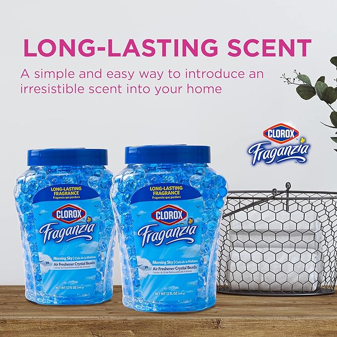 Clorox Fraganzia Crystal Beads Air Freshener Twin Pack, Long Lasting Room Deodorizer and Odor Eliminator Gel Beads for Home, Car, or Office, Morning Sky Scent, 24 Fl Oz - 6 Pack