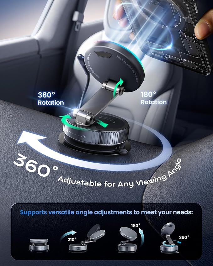 Magnetic Phone Charging Holder Mount for Magsafe Car Mount Charger, 15W Fast Charger Wireless [108+LBS Suction & 3800gf Magnetic], 360° Vacuum Magnetic Phone Holder for iPhone 17 Pro Max Air 16-12