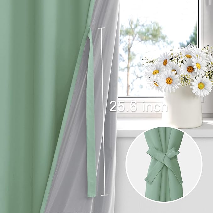 XWZO 100% Blackout Curtain 84 Inches Length 2 Panels Set - Extra Wide Thermal Insulated, Noise Reducing & Heat Blocking Drapes for Bedroom with Tiebacks, Light Sage, W60 x L84, 2 Pieces