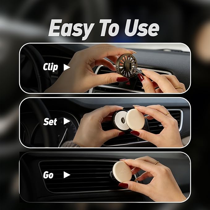 Leather & Metal Car Air Freshener, 2-Way Vent & Hang Design, Refillable Long Lasting Diffuser with 2 Refills, Natural Amber Vanilla Scent, Stylish Auto Accessory for Cars & SUV