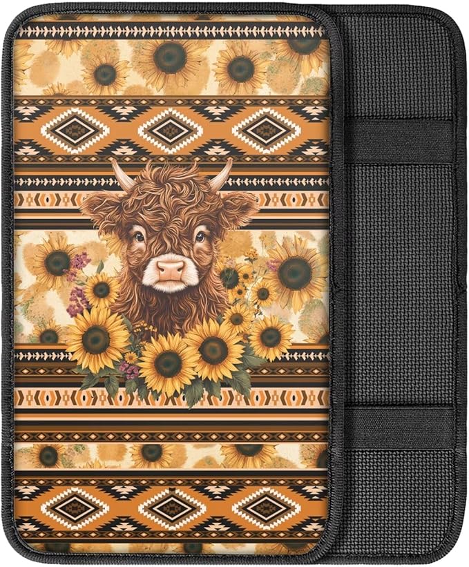 UNICEU Aztec Highland Cow Sunflower Print Car Accessories Soft Comfy Armrest Cover Pad Car Center Console Armrest Protector Covers Universal Fit Trucks SUV Van