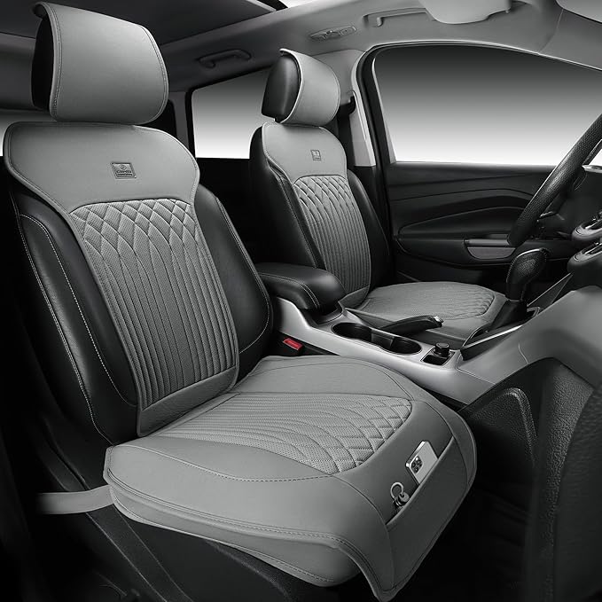 CAR PASS Car Seat Protector, 2 Pack Sideless Nappa Leather Seat Covers for Cars, All Season Waterproof Breathable Front Seats Cushion with Storage Pocket Universal Fit Vehicle Car SUV Truck, All Gray