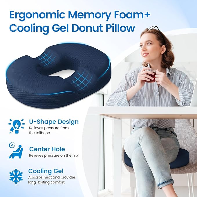 Donut Pillow Seat Cushion - Cooling Gel Outdoor Chair Cushions, Memory Foam Seat Cushion for Office & Home, Car Seat and Patio Furniture Cushions, Hemorrhoids Pillow and Tailbone Pain Relief, Blue