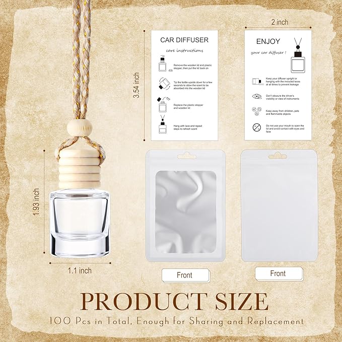 Boao 100 Sets Hanging Car Air Freshener Diffuser Bottles with Instruction Card and 4 x 6'' Resealable Holographic Bag for Empty Car Essential Oil Perfume Bottles Packaging (Cylinder)