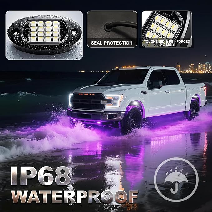 8 Pods RGBW LED Rock Lights Full Kit, 6500K Pure White (Not Mixed) & RGB Underglow for Jeeps Truck Golf Cart ATV UTV RZR Pickup, App/RF Remote Smart Brake Music Sync, Waterproof Offroad Underbody 12V