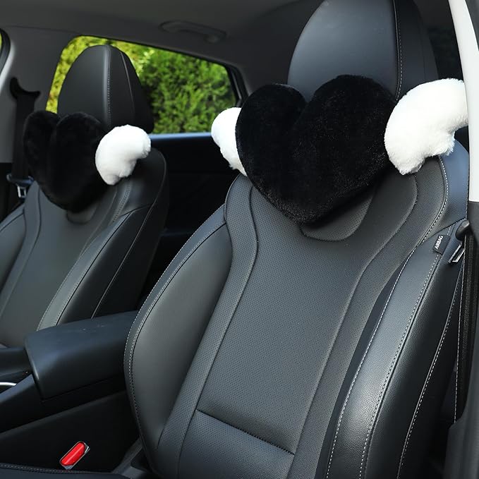 2 Pack Heart Shaped Cute Car Headrest Pillow with Angel Wings - Comfortable Soft Head Rest Cushion Kawaii Car Accessories Neck Pillow for Driving Travelling Office Home Decor - Black Love Heart