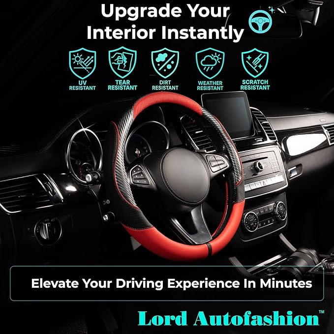 Lord Autofashion Steering Wheel Cover – PU Leather, Non-Slip Rubber Inner, All-Season Comfort – 14.5–15 Inch (Black/Red 7685)