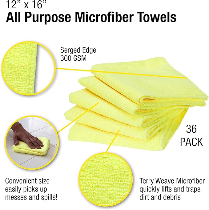 Eurow 300 GSM Microfiber Cleaning Cloths, Soft, Streak-Free, Lint-Free, Ultra Absorbent, Reusable Towels for Auto Detailing, Home Cleaning, Kitchen, Glass, Electronics, 12x16in, 36-Pack, Yellow