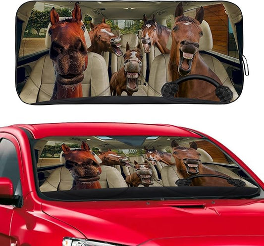 Funny Horse Family Windshield Sunshade for Car SUV Truck Foldable Uv Ray Reflector Front Window Sun Shade Visor Shield Cover -59" X 31"