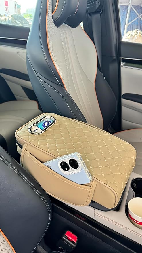 Upgraded Multi-Functional Car Center Console Cover, PU Leather Armrest Pad Cushion with Memory Foam Cushion, 2 Storage Pockets, Tissue Box Hole for Sedan Vehicles, 7 Colors (Beige)