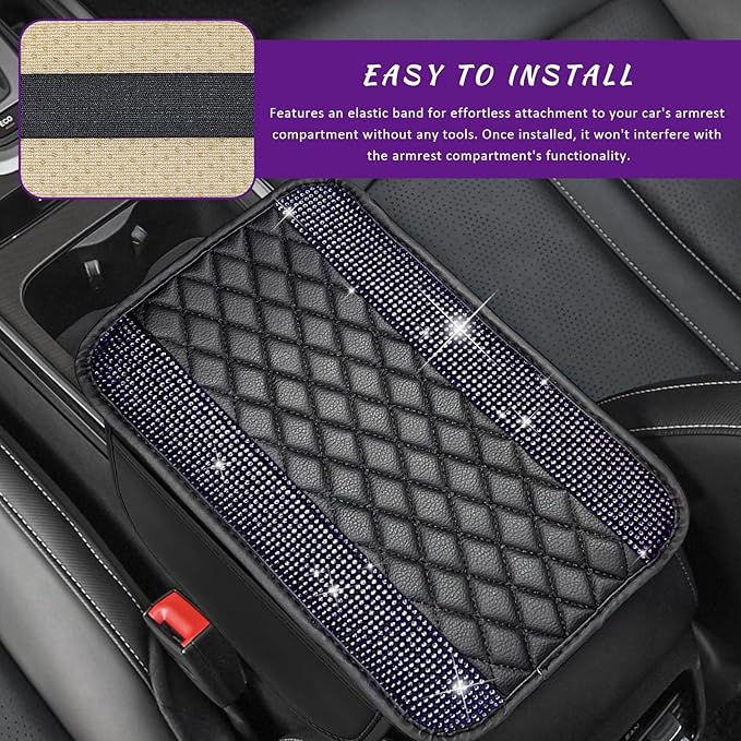 Sun Walker Bling Car Center Console Cover, Anti-Scratch Car Armrest Seat Box Cushion Pad with 2 Storage Bags, Leather Middle Console Protector Crystal Interior Accessories for Most Cars (Purple)