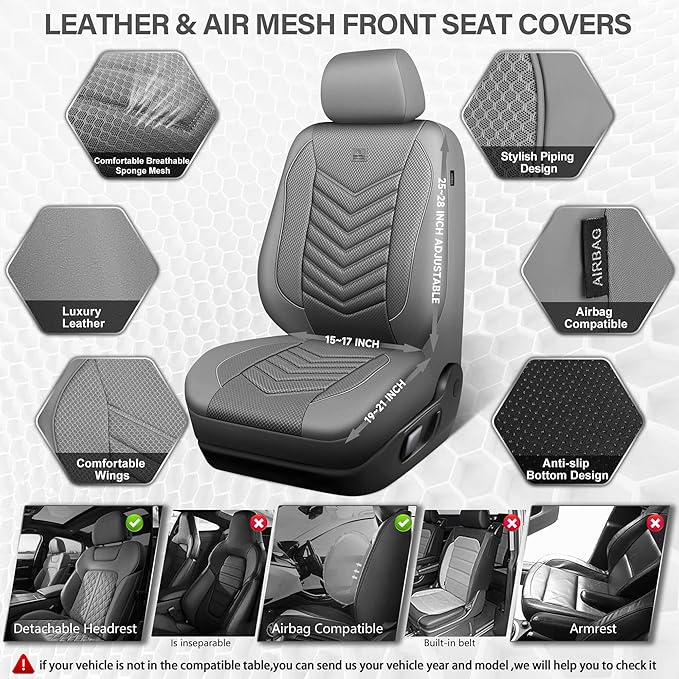 CAR PASS 3D Foam Mesh Leather Car Seat Covers Front Seats, Grey Breathable Front Seat Cover for Cars, Comfortable Universal Fit for SUV Truck Sedan Automotive Anti-Slip Airbag Compatible, Pure Gray