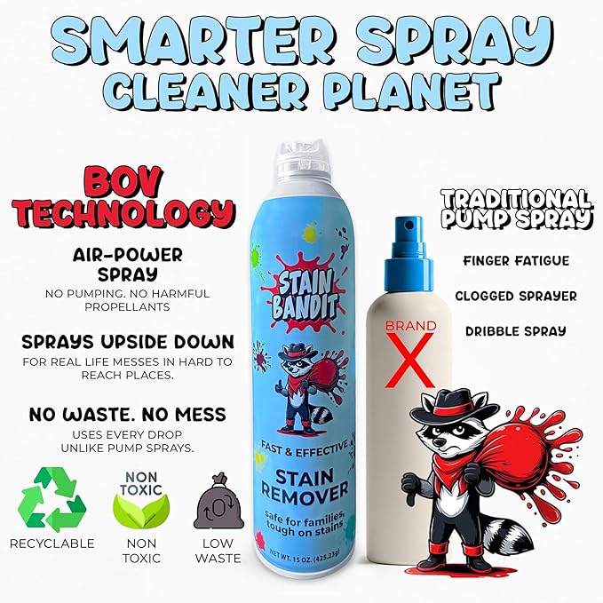 Stain Remover Spray | Non-Toxic Stain Remover Family Safe Formula | Bag-On-Valve 360° Continuous Spray Bottle | Cleaner for Clothes, Upholstery, Carpet & Car Seats 15 Oz, (Pack of 2)