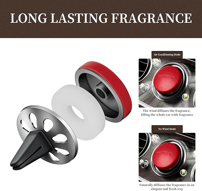 Car Air Freshener Vent Clip Fragrance Long Lasting Auto Odor Eliminator - Made with Natural Plant Extracts - Red Leather Diffuser with 2 Pieces Blue Moment Scent Refills