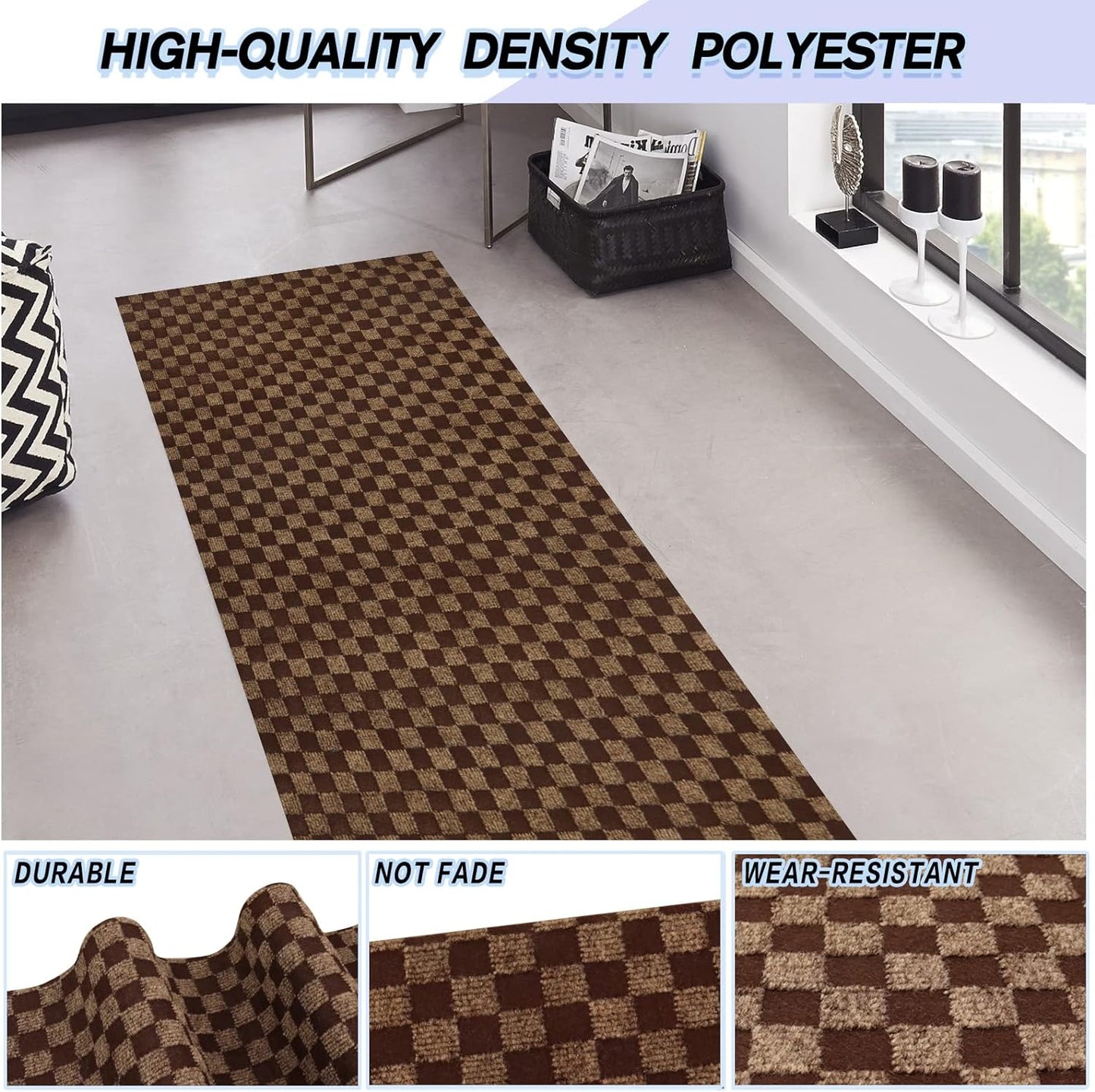 Custom Size Backed Non-Slip Area Rugs Runner, Easy Clean, Waterproof Runner Rugs for Hallway Entryway, Kitchen, Laundry, 2FT x 73FT, Brown Checkered