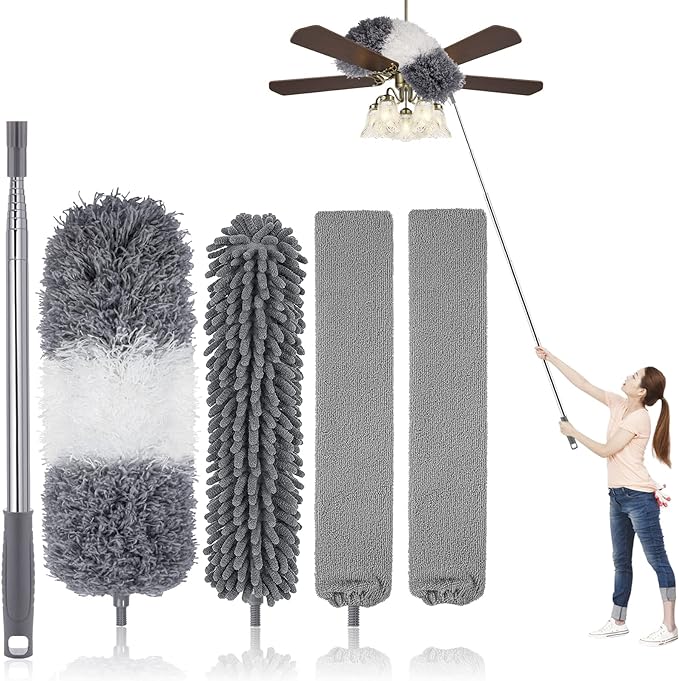 UIMO Microfiber Feather Duster Kit with Extension Pole (30–100") – Bendable Washable Heads, Extendable Dusters for Cleaning Ceiling Fan, High Ceiling, Blinds, Furniture & Cars (5 Pcs)