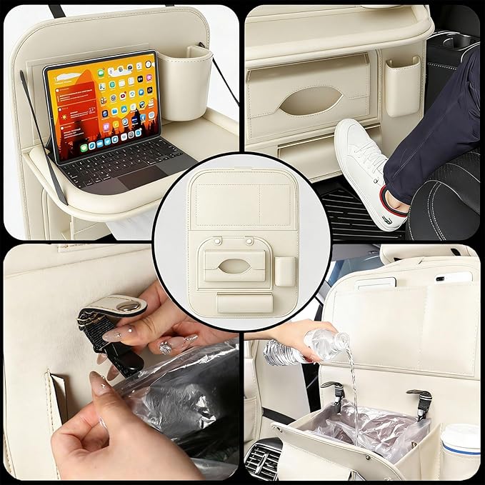 2 Pack Universal Premium Leather Foldable Car Backseat Organizer with Table Tray, Car Seat Back Protector with Garbage Bag Touch Screen Pad Holder, Car Kick Mats with Tissue Box (Beige)