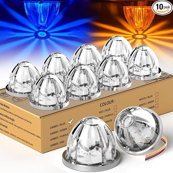 10-Pack Dual Color Watermelon Lights LED Strobe & Steady Mode, Roof Clearance Side Marker Warning Lights Amber Blue Suitable for Truck Trailer Kenworth Peterbilt Freightliner