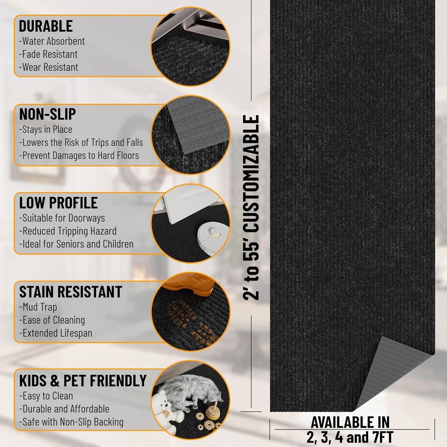 Ottomanson 2' x 9' Hallway Runner with Scraper Pile Extra Durable Non-Slip Rug Mat for Indoor & Outdoor Use - Ideal for Kitchen, Entryway, Patio & Garage - High-Traffic Carpet, Black