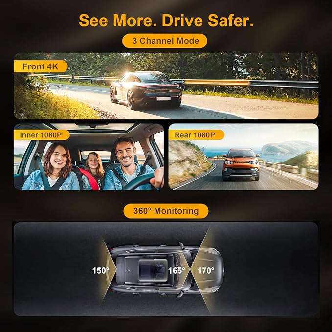 3 Channel Mirror Dash Cam with Front 4K, in-Cabin & Rear 1080P Cameras, Enhanced Night Vision, G-Sensor & Parking Monitor, 64GB Card Included, Triple Rear View Mirror Camera for Cars & Trucks