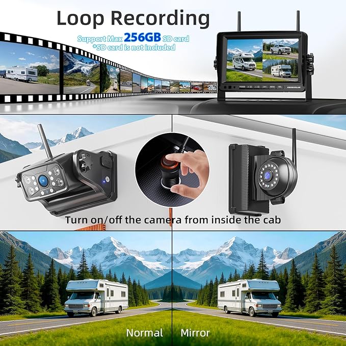 ZEROXCLUB Magnetic Wireless Backup Camera: 7" HD 1080P DVR Monitor with 1 Rear View, 2 Side View Cameras, IR Night Vision, Portable Rechargeable Camera for RV/Trailer/5 Wheels/Camper BC703