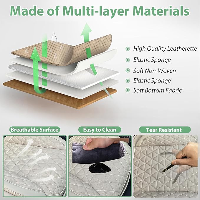 2 Pack Leather Front Car Seat Cover Bottom Only, Anti-Slip Padding Seat Cushion, Full Wrap Seat Protector with Storage Function Universal Fit for Most Cars, SUV, Pick-up Trucks (Beige)