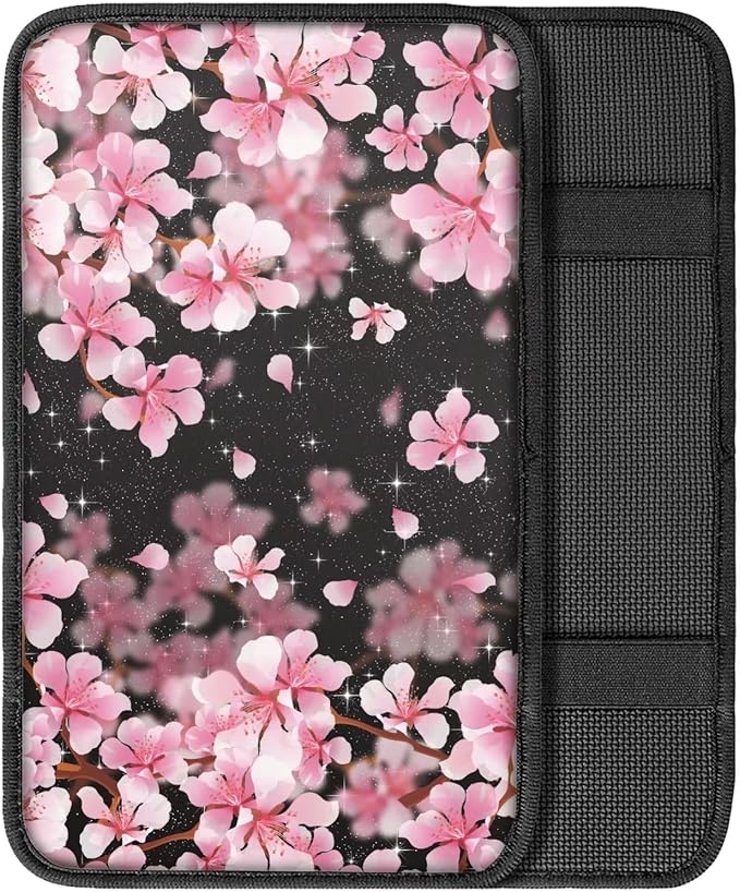 Dreaweet Pink Cherry Blossom Print Console Armrest Cover,Cute Car Accessories for Women Soft Comfy Center Console Pad Cover,Universal Armrest Box Mat
