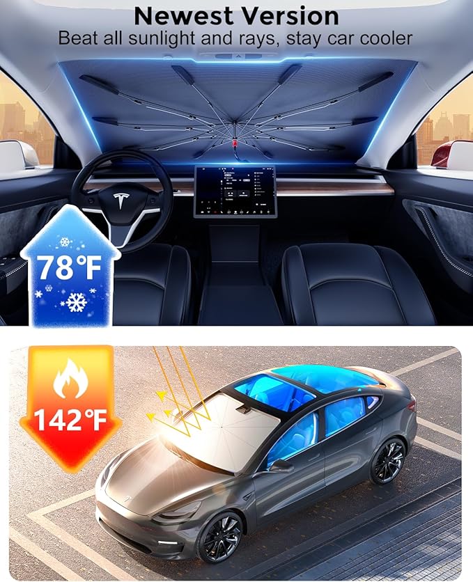 DMJN Umbrella Windshield Sun Shade - Small, Car Sunshade for Front Windshield [Nano Ice-Crystal Coatings] UPF50+ Heat & UV Block, Protect Interior & Keep Cooler Universal for Car, SUV, Truck