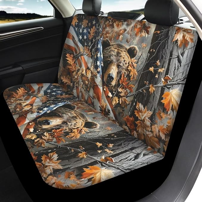 KEIAHUAN Car Seat Covers Front & Rear American Flag Brown Bear Automotive Bucket Seat Covers & Rear Split Bench Seat Cushion Pads Fit Most Cars, Trucks, SUV or Vans