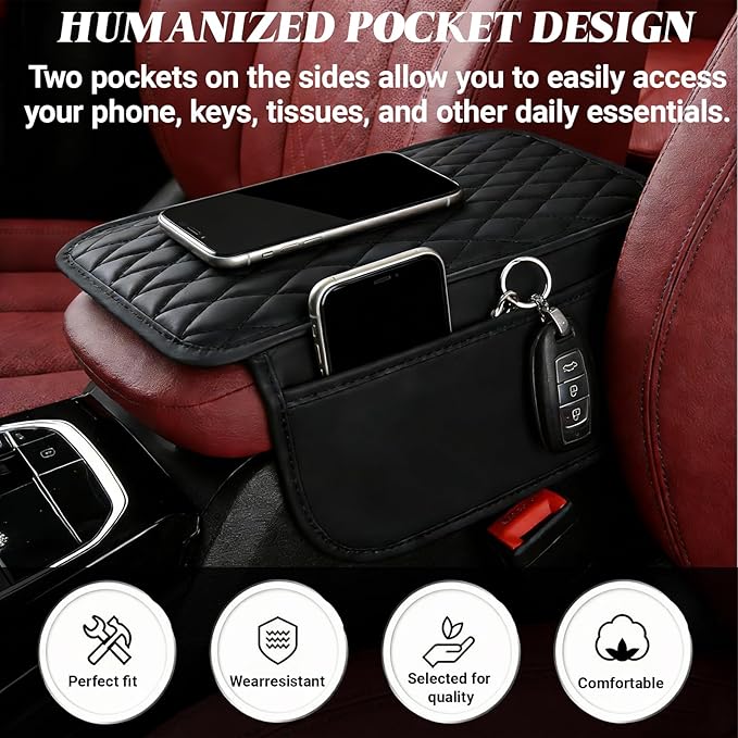 Car Center Console Cover, Upgraded Microfiber Car Armrest Cover Cushion, with 2 Storage Bags Scratch, Resistant Leather Cars Armrest Storage Box Universal Vehicles Accessories (Black)