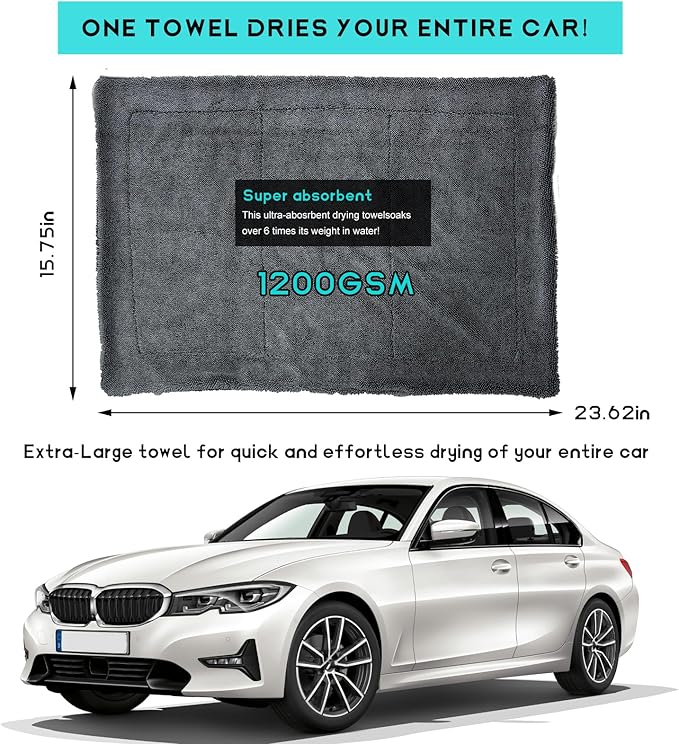 Microfiber Towels for Cars, 15.7"x23.6" 1200 GSM Ultra Thick Soft Car Detailing Drying Towel, Super Absorbent Double Twisted Loop Cloth Cleaning Towel for Car Truck SUV
