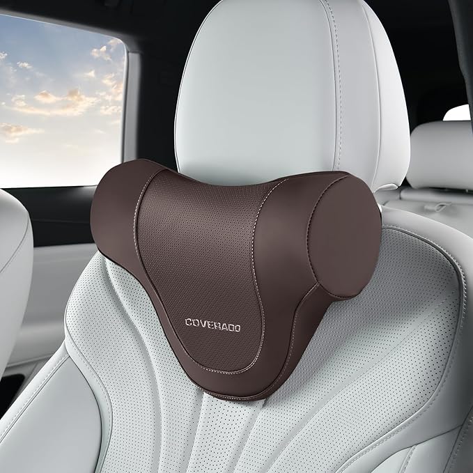 Coverado Car Headrest Pillow, Ergonomic Memory Foam Car Neck Pillow for Driving Seat with Adjustable Strap, Soft PU Leather Breathable Removable Cover Neck Support for Neck Pain Relief