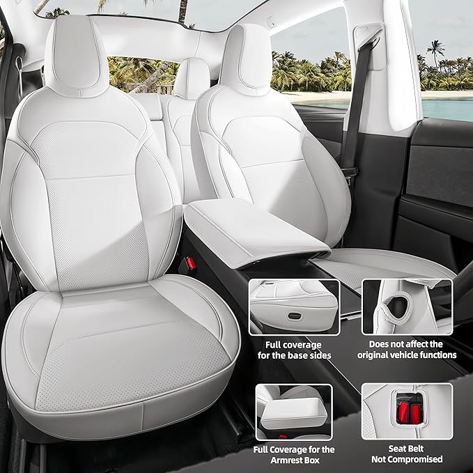 Leather Seat Cover for Tesla Juniper 2025 2026 Waterproof Seat Cover for Tesla Model Y (White-25 26)
