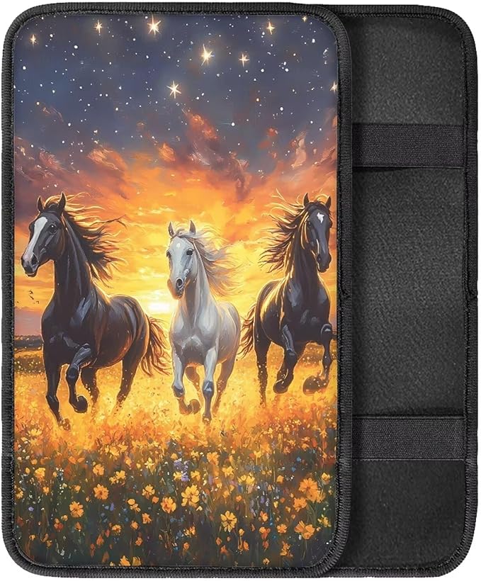 Floral Sunset Horse Truck Vehicle Armrest Covers Car Center Console Cushion Pad Middle Storage Organizer Pad Universal Style Car Interior Decor
