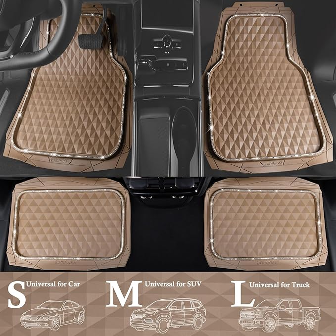CAR PASS Bling Diamond Rubber Car Mats, Heavy Duty Deep Dish All-Weather Floor Mat Full Set Anti-Slip 3D Rhombus Waterproof Trim Fit Liner Universal Glitter Sparkly Shining Rhinestone, Beige Rubber