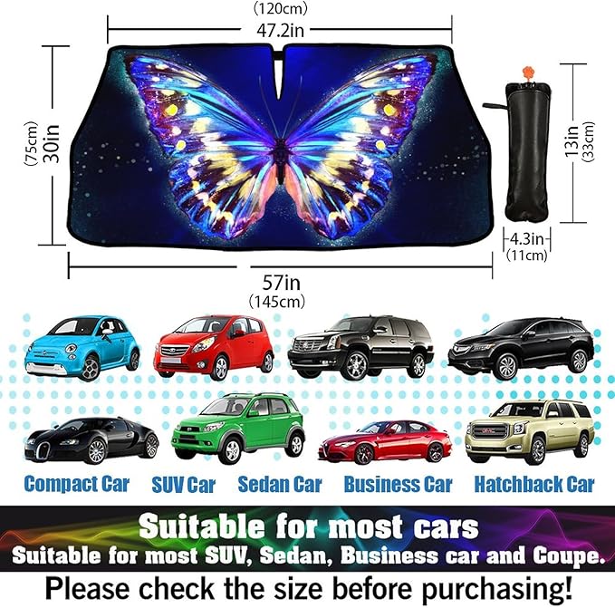 Socira Blue Butterfly Car Windshield Sun Shade Umbrella Foldable Sunshade for Front Window Auto Windshield Sunshade Covers Butterfly Car Accessories Prevent Sun Rays Heat 57'' X 30''