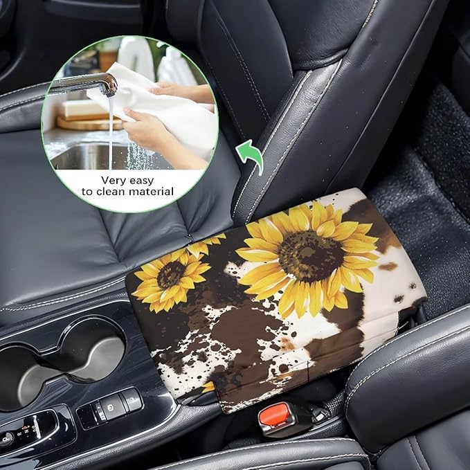 Wanyint Sunflower Brown Cow Print Auto Center Console Cover Non-Slip Armrest Cover Cushion Protector Wear-Resistant Arm Rest Cushion Protective Cover Universal Fit for Car Seat Organizer