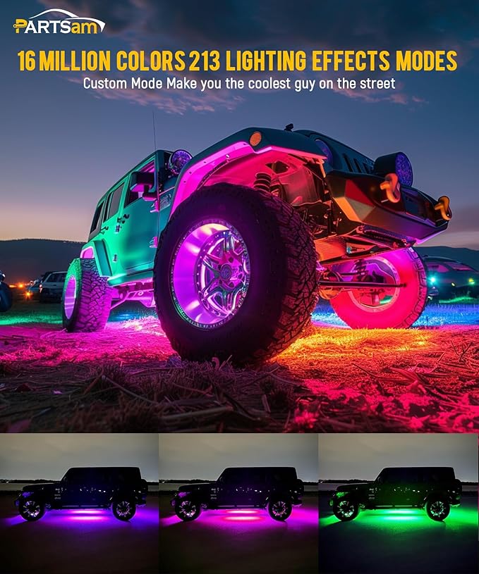 Partsam Car Underglow Neon Accent Strip Lights with APP Control Music Modes, Scene Options, Mic, DIY Wireless Control Underglow Led Lights Strips Adapter for Vehicle SUV Truck - 4 in 1