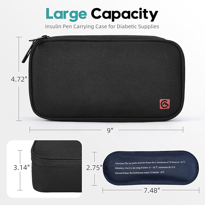 ALLCAMP Insulin Cooler Travel Case for Diabetic Organize Medication with 4 Ice Packs Black(9X 4.72x 3.14 inches)