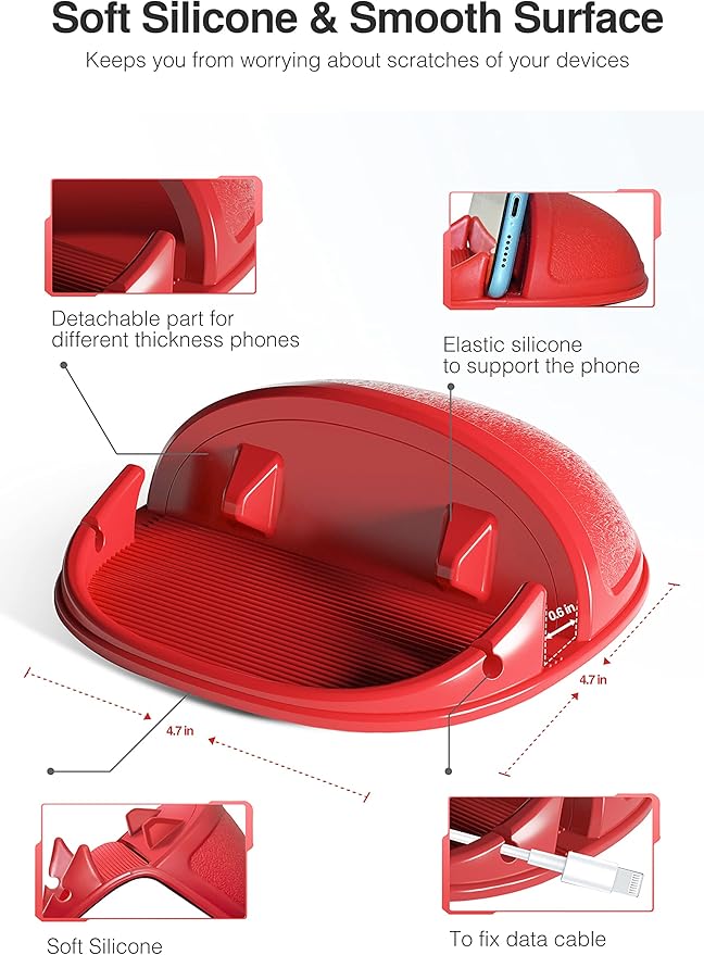 Loncaster Car Phone Holder, Car Phone Mount Silicone Car Pad Mat for Various Dashboards, Slip Free Desk Phone Stand Compatible with iPhone, Samsung, Android Smartphones, GPS Devices and More (Red)