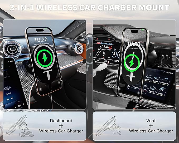 Car Phone Holder,2 Pack Magnetic Car Mount 15W-Qi Fast Wireless Car Charger Dashboard Windshield Vent Cell Phone Holder for Your Car Compatible with iPhone 17 Pro Max/17 Air/16 Pro/15 Plus/14/13/12/11
